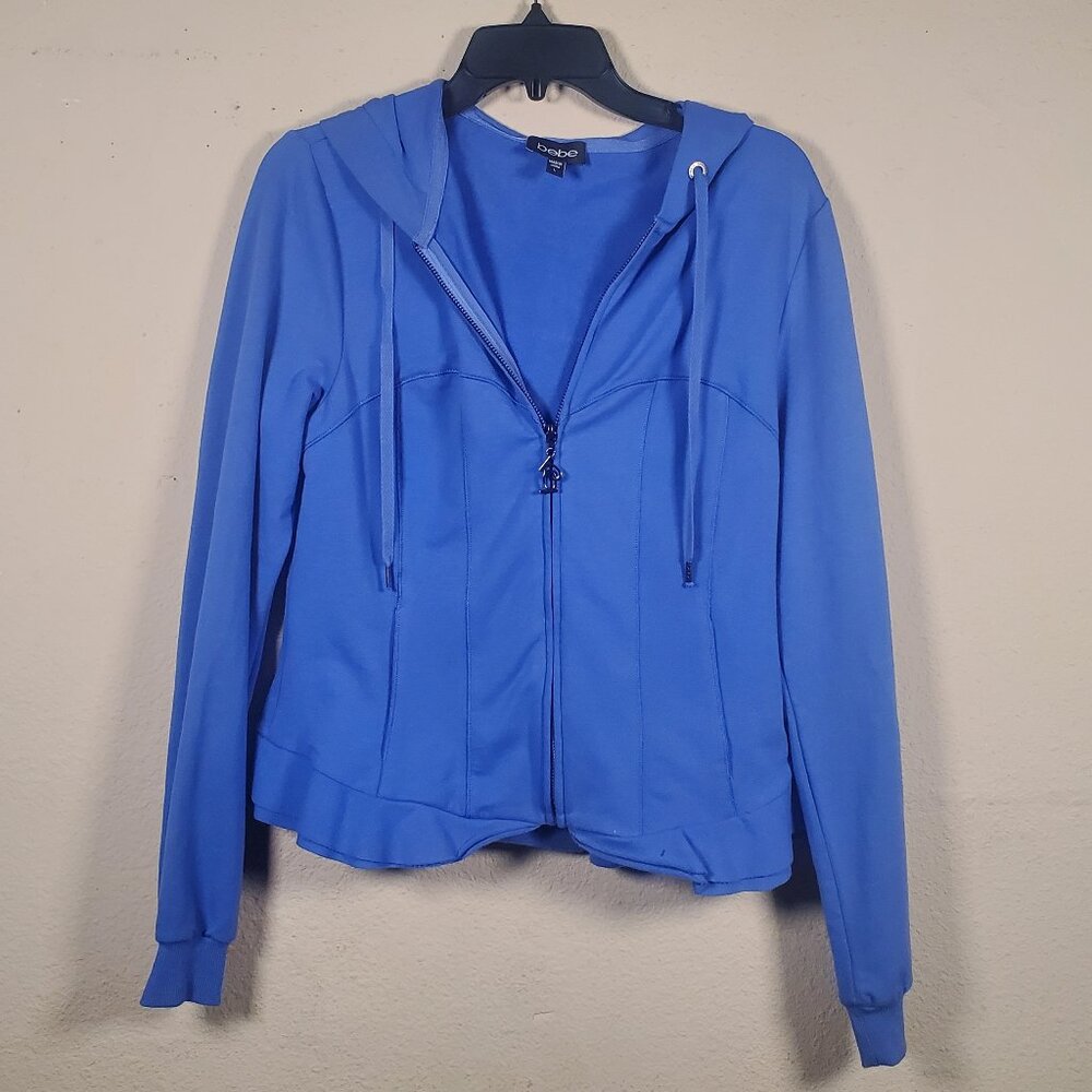 Bebe Blue Peplum Hoodie Jacket Women's Size L Corset Seam Zip-Up Rhinestone Logo
